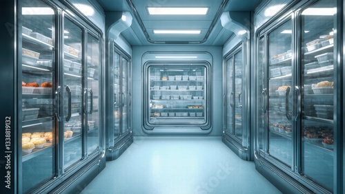 Interior of a Modern Industrial Walk-In Freezer with Bright Lighting