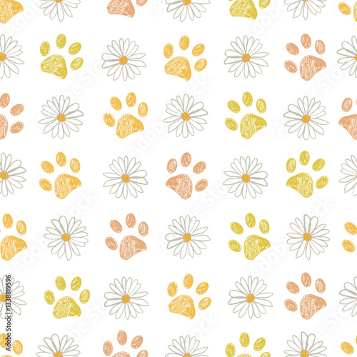 Daisies and doodle paw prints seamless fabric design pattern