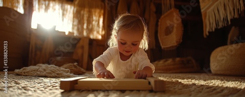 In a sun-drenched, warmly colored room evoking nostalgia, a cute toddler is deeply engrossed in playing with a classic wooden pull-toy The simple toy sparks joy and encourages exploration The vintage
