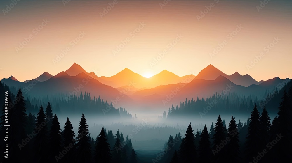 Obraz premium Misty mountains scenic view landscapes concept. Serene sunset over misty mountains with dense forest, capturing nature's tranquility.