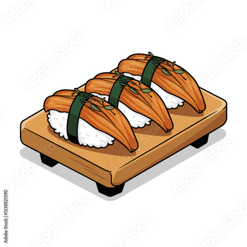 Unagi Nigiri Illustration - Japanese Eel Sushi on Wooden Board