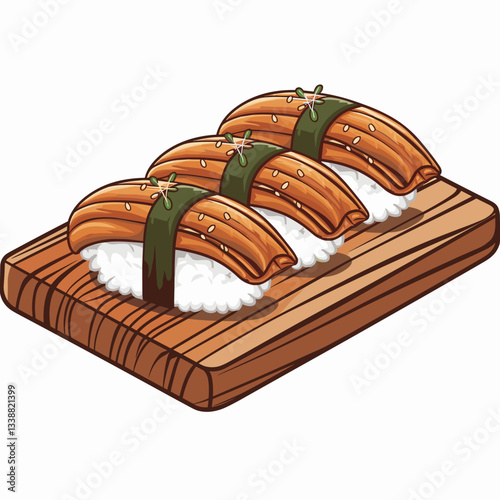Unagi Nigiri Illustration - Japanese Eel Sushi on Wooden Board