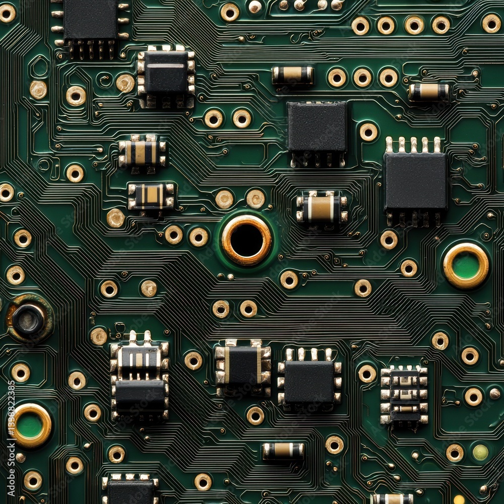 Fototapeta premium Detailed close-up of a circuit board filled with diverse electronic components showcasing modern technology and innovation