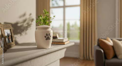 Pet burial urn on mantel in a sunlit living room honoring a beloved pet's memory