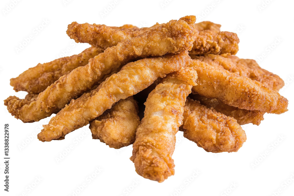Crispy fried chicken strips stacked on a white background Crispy fried chicken strips stacked on a white background