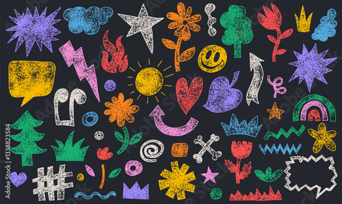 Playful Grunge With Crown, Rainbow, Arrow With Crayon, Pastel Or Chalk Texture Set. Hand Drawn Cute Shapes For Kids Design. Doodle Vector Charcoal Doodle Shapes And Squiggles In Childish Girly Style.