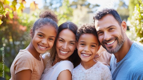 A beautiful and diverse family of different ethnicities smiling together in a lush outdoor garden, authentic and natural expressions
