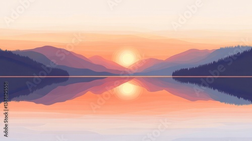 Serene Sunset over Calm Lake and Mountain Range Reflection