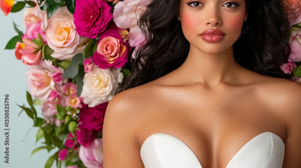 Elegant woman poses amidst an array of colorful roses, wearing a white strapless dress that complements the floral backdrop, with focus on her soft ma Elegant woman poses amidst an array of colorful roses, wearing a white strapless dress that complements the floral backdrop, with focus on her soft ma