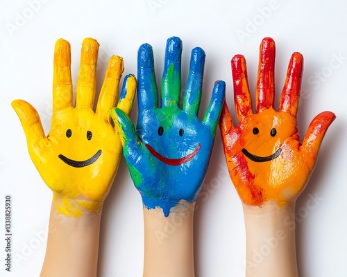 Colorful painted hands with smiling faces, white background, concept of happiness Generative AI