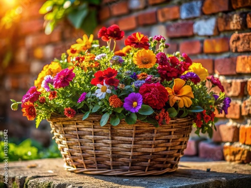 Wallpaper Mural Rustic Red Brick Flower Basket, Garden Decor, Earthy Planter, Spring Flowers, Outdoor Decor Torontodigital.ca