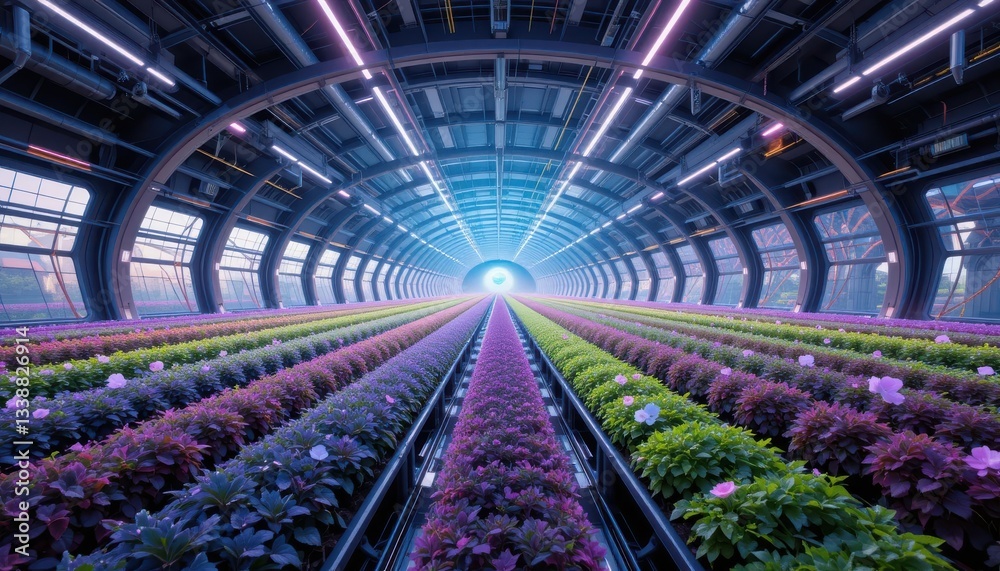 Fototapeta premium Innovative hydroponic farming techniques futuristic greenhouse photography indoor environment wide-angle view modern agriculture concept