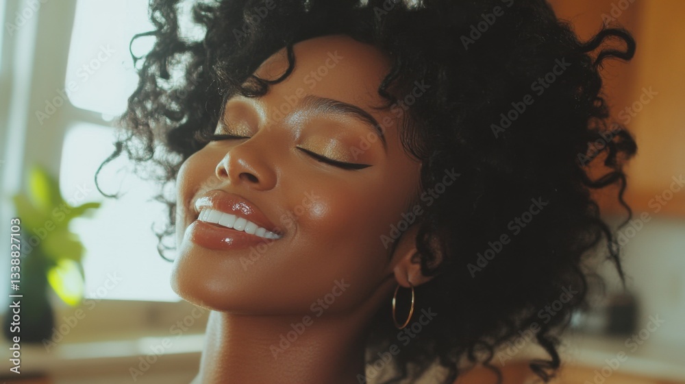 Obraz premium A Black woman styling her natural curls with a hydrating cream, detailed shot of her textured hair, joyful expression, home setting