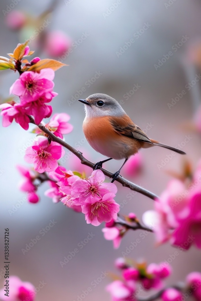 Obraz premium Colorful bird perched on blooming pink cherry blossom branch.