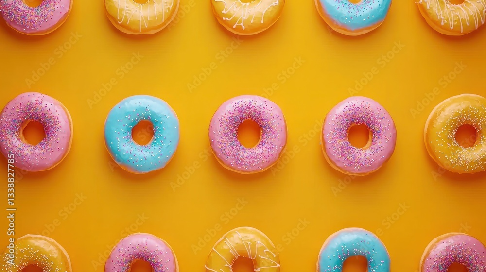 top view of colorful donuts arranged on yellow background sweet pastry pattern top view of colorful donuts arranged on yellow background sweet pastry pattern
