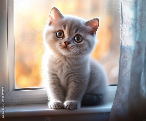 Wallpaper Mural Adorable fluffy British Shorthair kitten sitting on a sunlit windowsill, soft natural lighting, part of a charming pet photography series capturing cozy, heartwarming moments at home. Torontodigital.ca