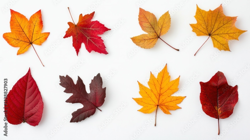 Fototapeta premium Assortment of colorful autumn leaves displayed on white background.