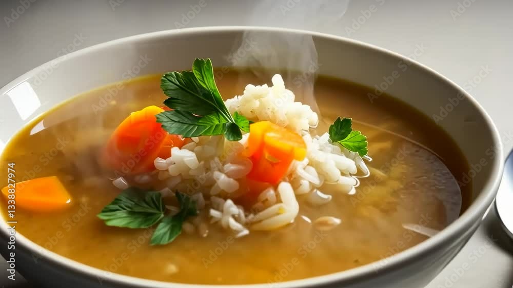 Steaming vegetable soup with rice in bowl showcasing culinary warmth and aroma Steaming vegetable soup with rice in bowl showcasing culinary warmth and aroma