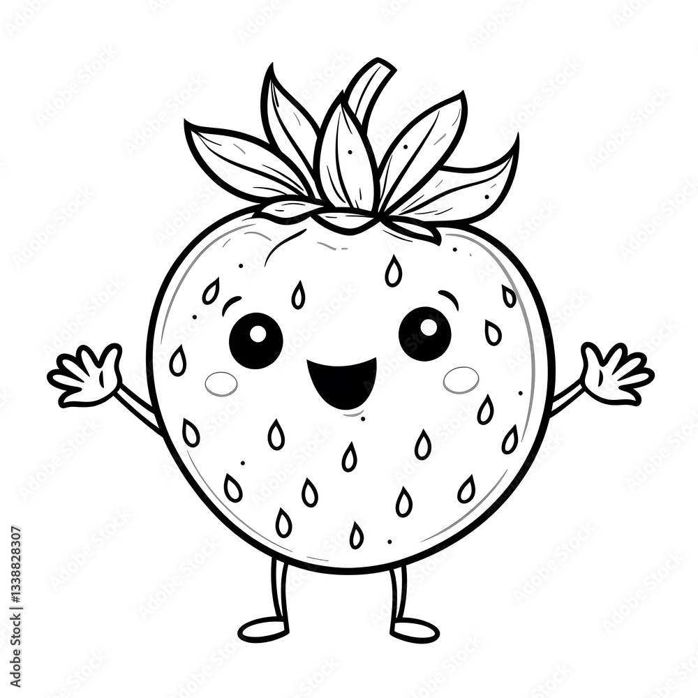 Obraz premium Coloring page for kids. Happy strawberry with arms raised, showcasing a cheerful expression in a simple black and white design for coloring