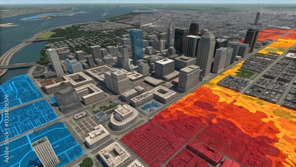 Fototapeta premium Urban heat island effect analysis in cityscape temperature variations aerial view environmental impact
