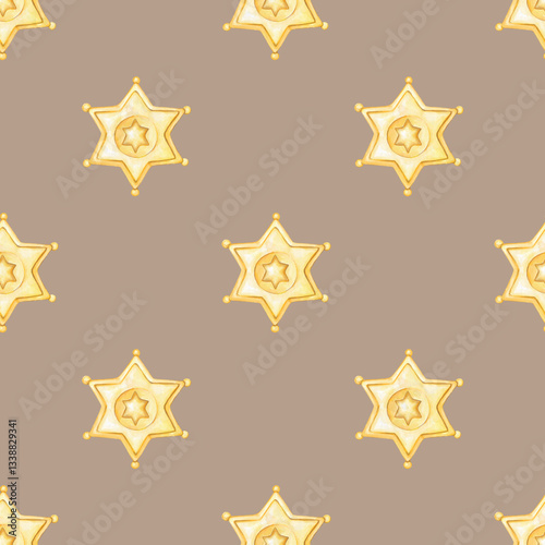 Sheriff badge. Watercolor cowboy themed seamless pattern. Cute watercolor illustration for kids