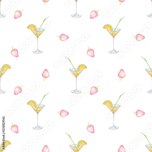 cocktail. Watercolor seamless pattern in pastel colors. Cute illustration on the theme of rest, food, vacation