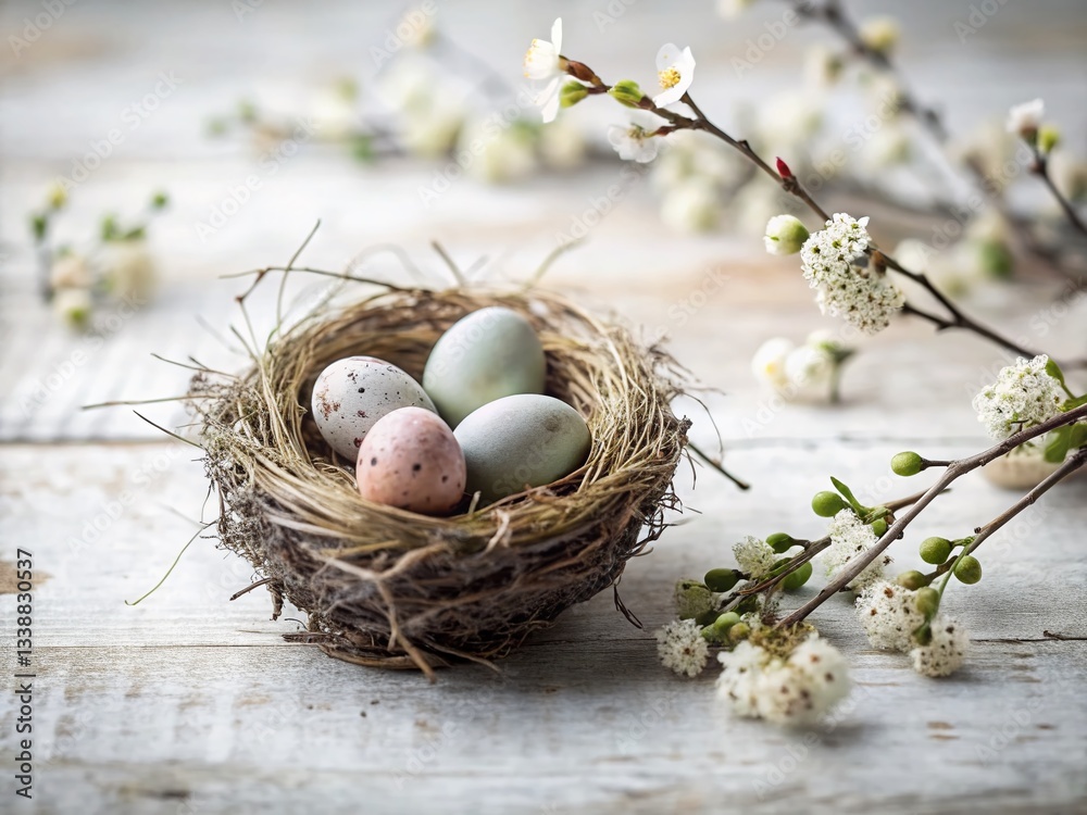 Obraz premium Rustic Bird Nest with Painted Eggs - Spring Minimalist Farmhouse Decor Stock Photo