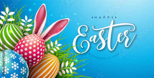 Happy Easter Illustration with Flower, Painted Egg and Rabbit Ears on Blue Background. Vector International Religious Celebration Holiday Design with Typography Letter for Greeting Card or Banner.