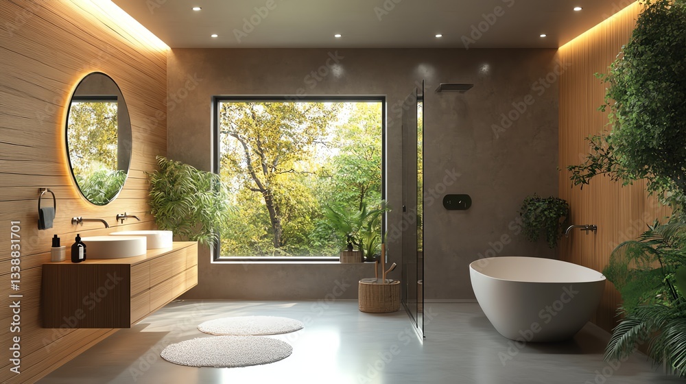 Fototapeta premium Modern bathroom interior with glass shower, wooden walls, and stylish mirror 3D Rendering