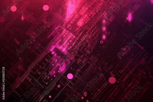 Abstract digital background with vibrant pink circuits and dots