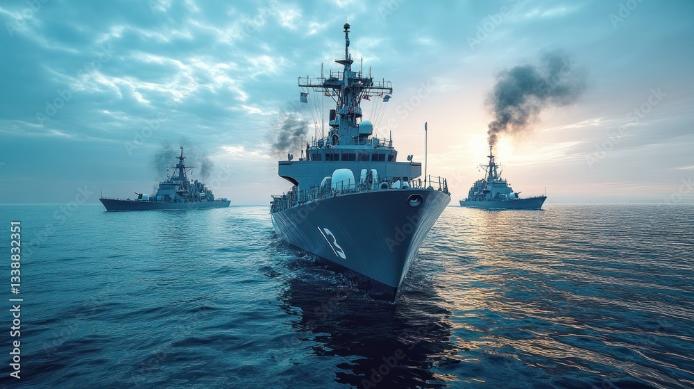 Naval warships in a dynamic formation on the open sea. Modern military vessels steaming in a row Naval warships in a dynamic formation on the open sea. Modern military vessels steaming in a row