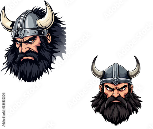 Vsai two angry vikings wearing horned helmets are frowning