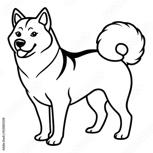 Shiba Inu Portrait: A detailed monochrome illustration of a Shiba Inu dog, standing with its distinctive curly tail and alert expression.
