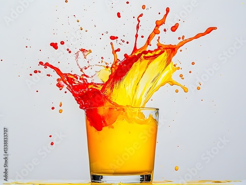 Vibrant and dynamic abstract design of a colorful fruit juice splash frozen in mid air with a modern and experimental style