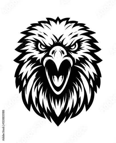 Detailed Black and White Vector Graphic of an Eagle Head with Open Beak Isolated on White