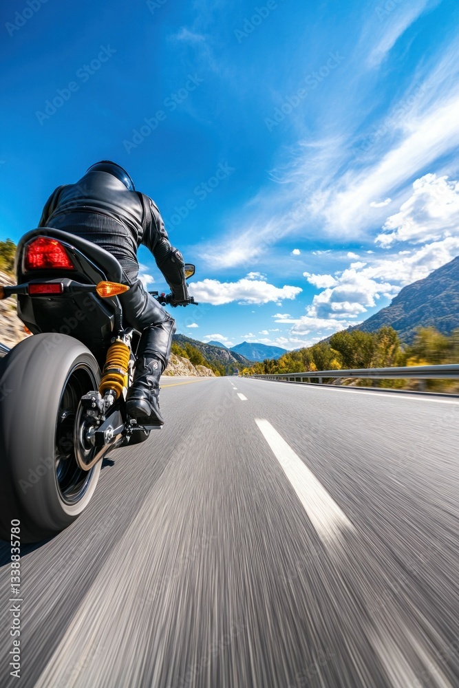 Male motorcyclist riding on open highway with scenic mountain views. Male motorcyclist riding on open highway with scenic mountain views.