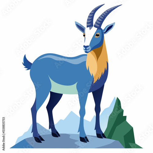 A blue goat stands on a rocky mountaintop illustration vector design