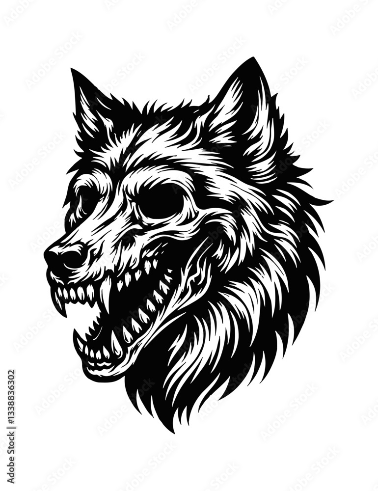 Obraz premium Detailed Black and White Vector Graphic of Wolf Head with Open Mouth Showing Teeth