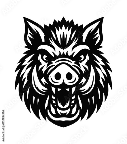 Black and white vector illustration of a boar head showing aggression with open mouth and sharp teeth