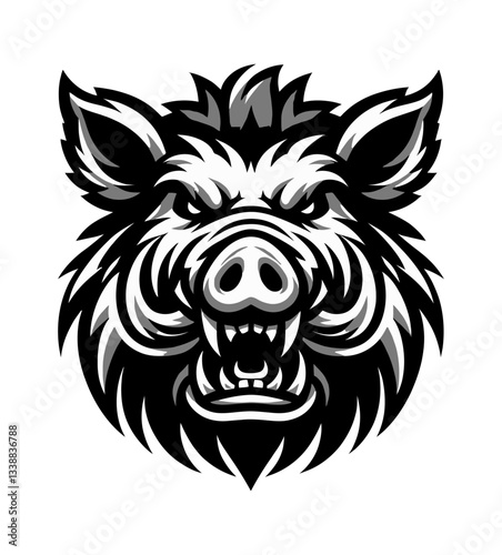 Detailed Boar Frontal View with Aggressive Expression and Sharp Tusks Black and White Vector