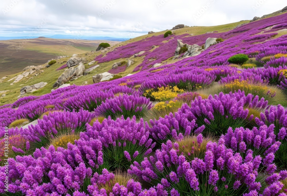 Fototapeta premium Purple heather blooms carpet a windswept hillside, interspersed with wildflowers and rugged rocks, vegetation, purple