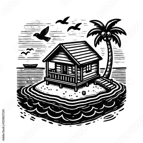 Illustration of hut on island with palm tree, birds flying and boat sailing