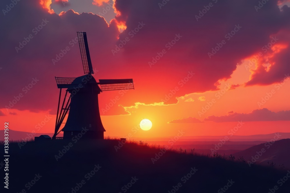Obraz premium Silhouetted windmill at sunset, reflecting orange and purple sky , dutch windmill, silhouette, beautiful