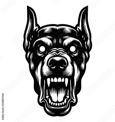 Dog Head Front View with Open Mouth Showing Teeth Isolated in Detailed Black and White Style