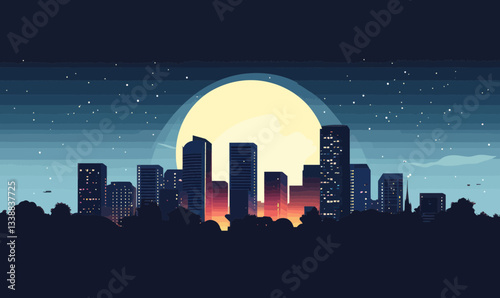 Minimalist Cityscape at Night with Full Moon, Vector Illustration for Urban Serenity
