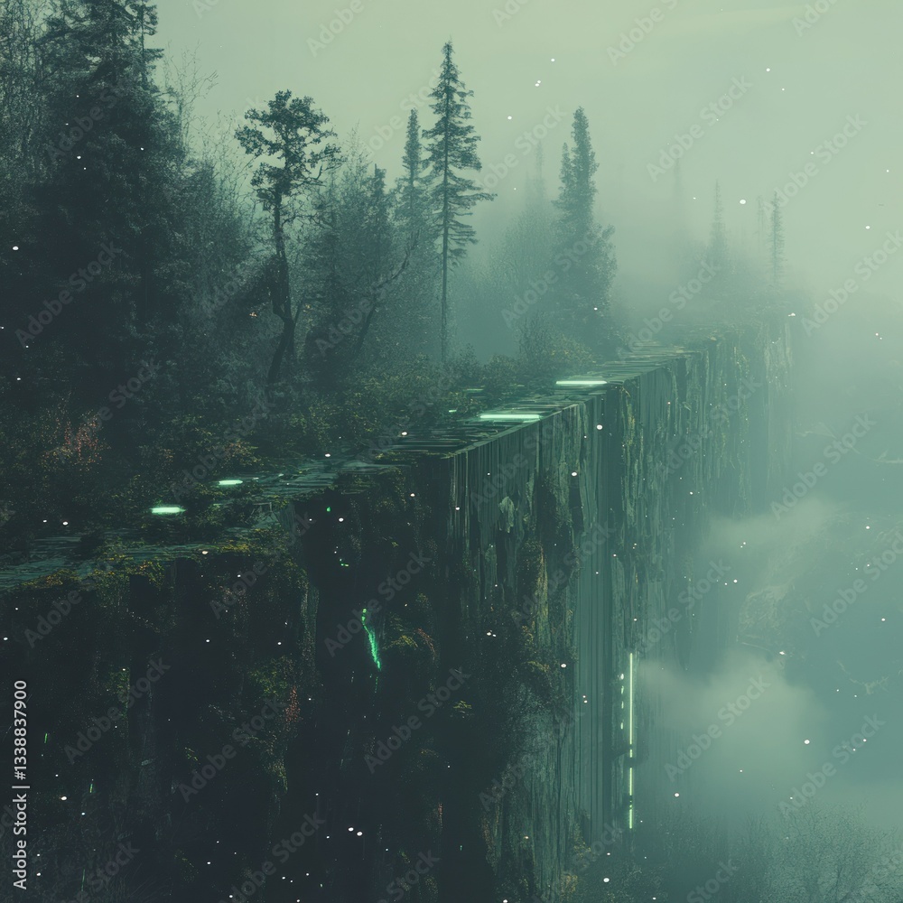 Obraz premium Foggy forest clifftop, surreal landscape