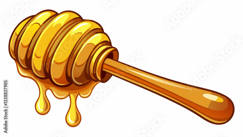 Honey drips from a wooden dipper, showcasing its smooth texture and golden color in natural light, Honey dripping from dipper white background
