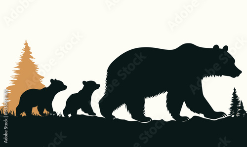 Silhouette of Bear with Two Cubs in Minimalist Forest Scene Vector Art