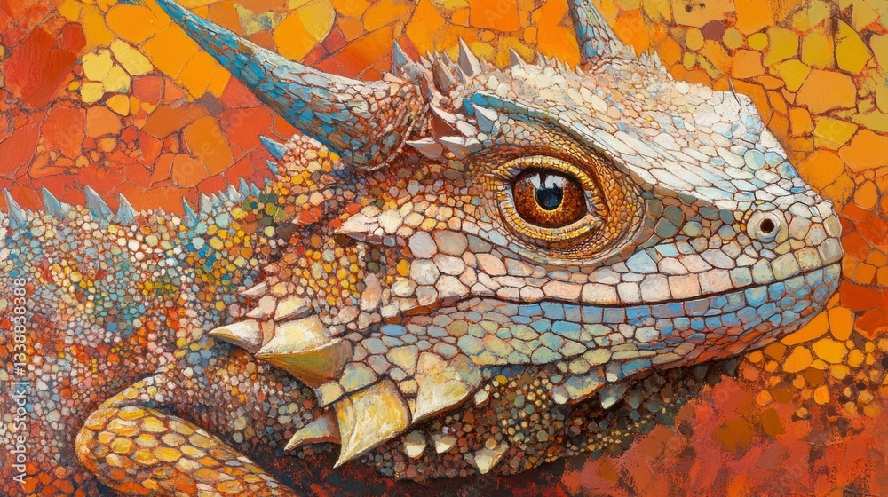 Fototapeta premium Colorful Dragon Lizard Portrait, Autumn Leaves Background