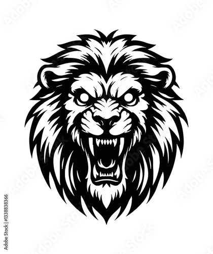 Wallpaper Mural Roaring Lion Head Front View with Sharp Teeth and Detailed Mane in Black and White Vector Torontodigital.ca